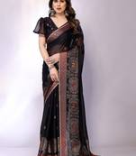 Black embellished poly chiffon  saree with blouse piece