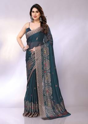 Teal embellished poly chiffon  saree with blouse piece 1