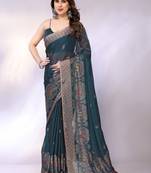Teal embellished poly chiffon  saree with blouse piece