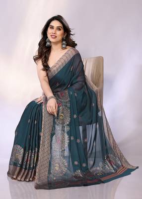 Teal embellished poly chiffon  saree with blouse piece 2