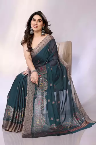 Teal embellished poly chiffon  saree with blouse piece
