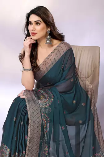 Teal embellished poly chiffon  saree with blouse piece