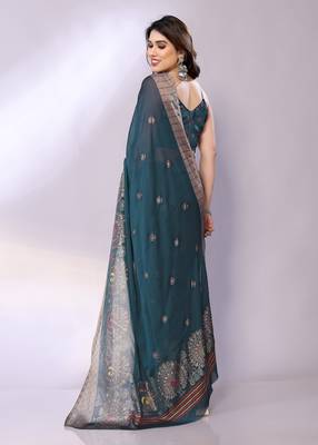 Teal embellished poly chiffon  saree with blouse piece 4