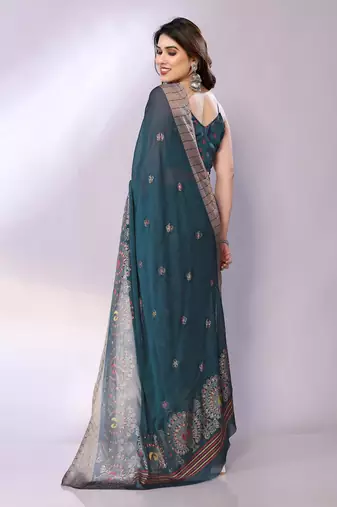 Teal embellished poly chiffon  saree with blouse piece