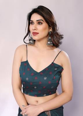 Teal embellished poly chiffon  saree with blouse piece 5
