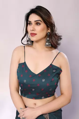 Teal embellished poly chiffon  saree with blouse piece