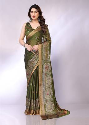 Olive embellished poly chiffon  saree with blouse piece 1