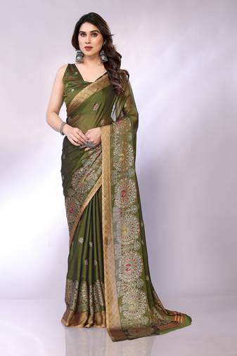 Olive embellished poly chiffon  saree with blouse piece