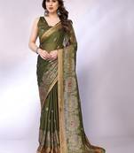 Olive embellished poly chiffon  saree with blouse piece