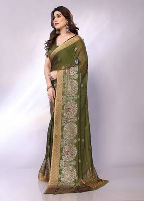 Olive embellished poly chiffon  saree with blouse piece 2