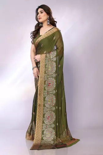 Olive embellished poly chiffon  saree with blouse piece
