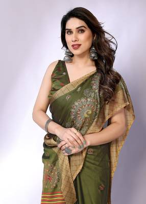 Olive embellished poly chiffon  saree with blouse piece 3