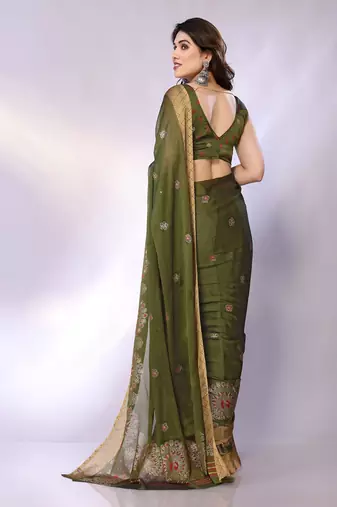 Olive embellished poly chiffon  saree with blouse piece