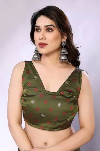 Olive embellished poly chiffon  saree with blouse piece