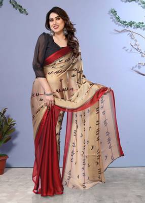 Red embellished poly chiffon  saree with blouse piece 1