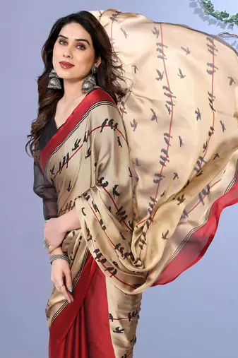 Red embellished poly chiffon  saree with blouse piece