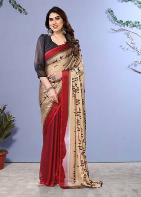 Red embellished poly chiffon  saree with blouse piece 3