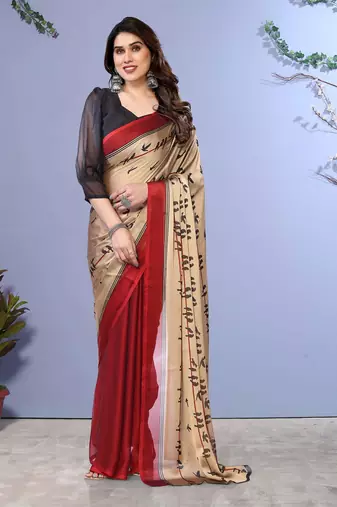 Red embellished poly chiffon  saree with blouse piece