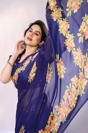 Navy embellished poly chiffon  saree with blouse piece