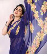 Navy embellished poly chiffon  saree with blouse piece