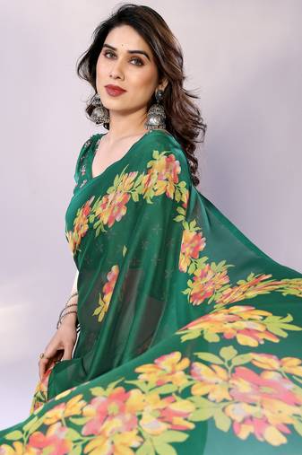 Green embellished poly chiffon  saree with blouse piece