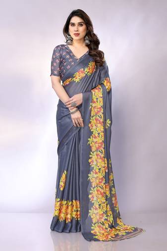 Grey embellished poly chiffon  saree with blouse piece
