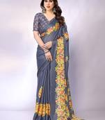 Grey embellished poly chiffon  saree with blouse piece