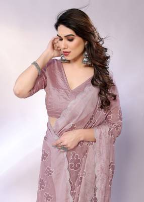 Mauve embellished silk blend  saree with blouse piece 1