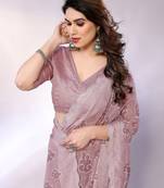 Mauve embellished silk blend  saree with blouse piece