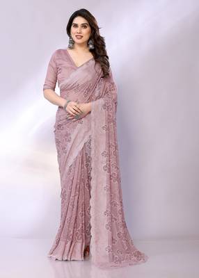 Mauve embellished silk blend  saree with blouse piece 2