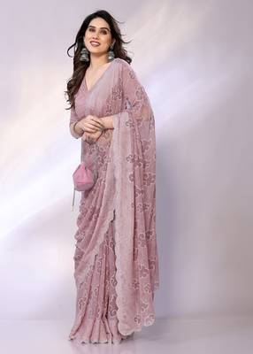 Mauve embellished silk blend  saree with blouse piece 3