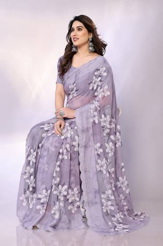 Lavender embellished poly silk saree with blouse piece