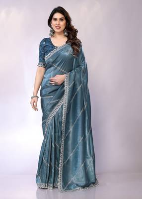 Teal embellished tissue  saree with blouse piece 1
