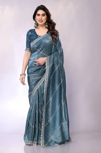 Teal embellished tissue  saree with blouse piece