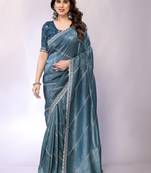 Teal embellished tissue  saree with blouse piece