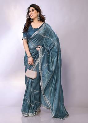 Teal embellished tissue  saree with blouse piece 2