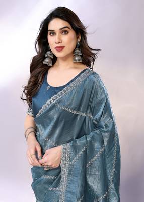 Teal embellished tissue  saree with blouse piece 3