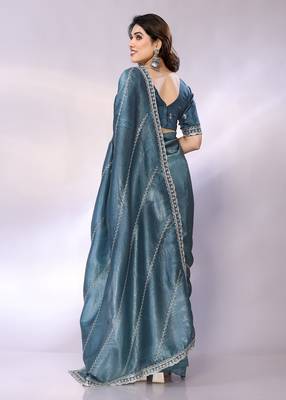 Teal embellished tissue  saree with blouse piece 4