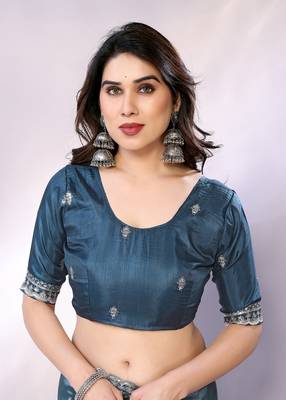 Teal embellished tissue  saree with blouse piece 5