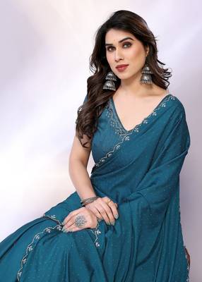 Teal embellished pure crepe  saree with blouse piece 1