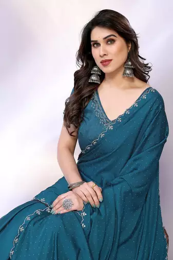 Teal embellished pure crepe  saree with blouse piece