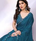 Teal embellished pure crepe  saree with blouse piece