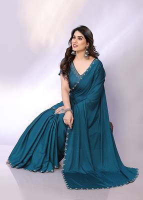 Teal embellished pure crepe  saree with blouse piece 2