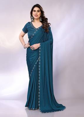 Teal embellished pure crepe  saree with blouse piece 3