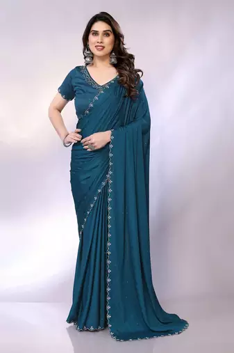 Teal embellished pure crepe  saree with blouse piece