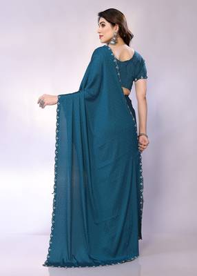 Teal embellished pure crepe  saree with blouse piece 4