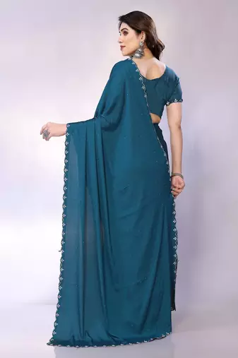 Teal embellished pure crepe  saree with blouse piece