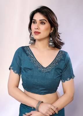 Teal embellished pure crepe  saree with blouse piece 5
