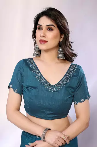Teal embellished pure crepe  saree with blouse piece