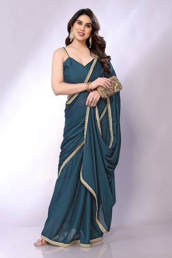 Teal embellished pure georgette  saree with blouse piece